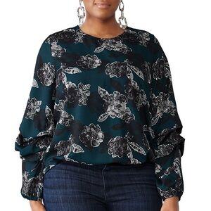 Eloquii Teal Floral Printed Dramatic Sleeves Long Sleeve Blouse Women’s 22 Plus